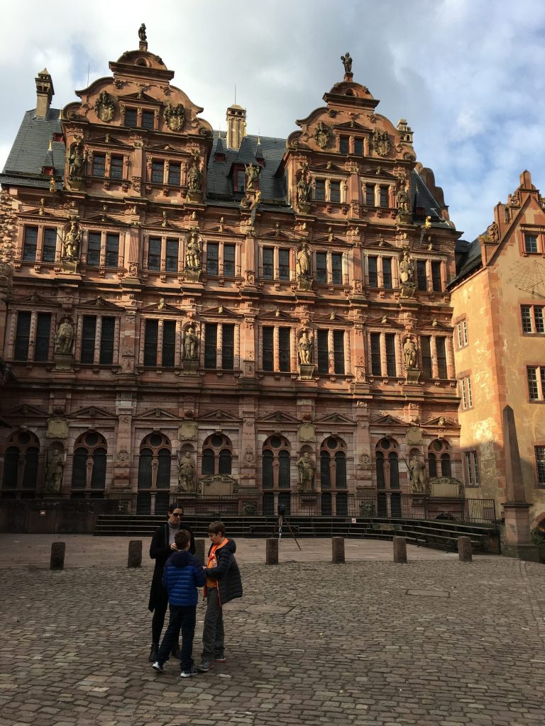 Karen and the boys in front of the residence at Heidelberg Castle